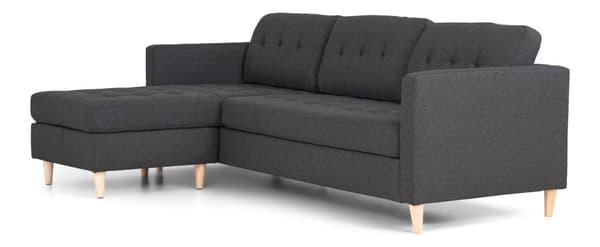 Marino sofa, sjeselongsofa høyre eller venstrevent i stoff mørk grå og med treben.