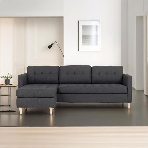 Marino sofa, sjeselongsofa høyre eller venstrevent i stoff mørk grå og med treben.