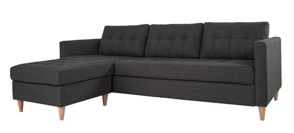 Marino sofa, sjeselongsofa høyre eller venstrevent i stoff mørk grå og med treben.
