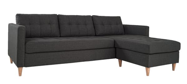 Marino sofa, sjeselongsofa høyre eller venstrevent i stoff mørk grå og med treben.