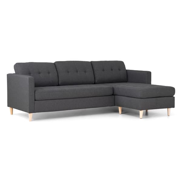 Marino sofa, sjeselongsofa høyre eller venstrevent i stoff mørk grå og med treben.