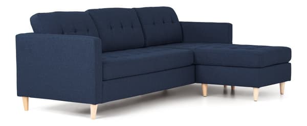Marino sofa, sjeselongsofa høyre eller venstrevent i stoff blå og med treben.