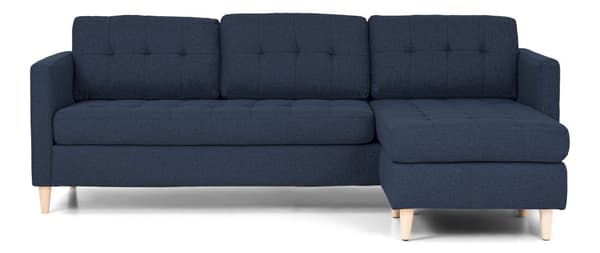Marino sofa, sjeselongsofa høyre eller venstrevent i stoff blå og med treben.