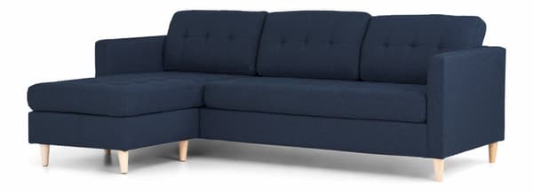 Marino sofa, sjeselongsofa høyre eller venstrevent i stoff blå og med treben.