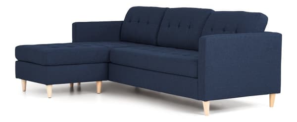 Marino sofa, sjeselongsofa høyre eller venstrevent i stoff blå og med treben.
