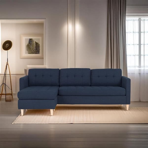 Marino sofa, sjeselongsofa høyre eller venstrevent i stoff blå og med treben.
