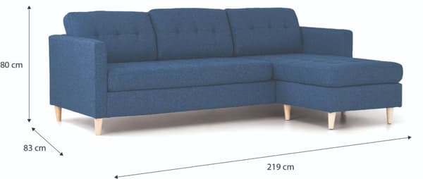 Marino sofa, sjeselongsofa høyre eller venstrevent i stoff blå og med treben.