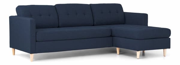Marino sofa, sjeselongsofa høyre eller venstrevent i stoff blå og med treben.