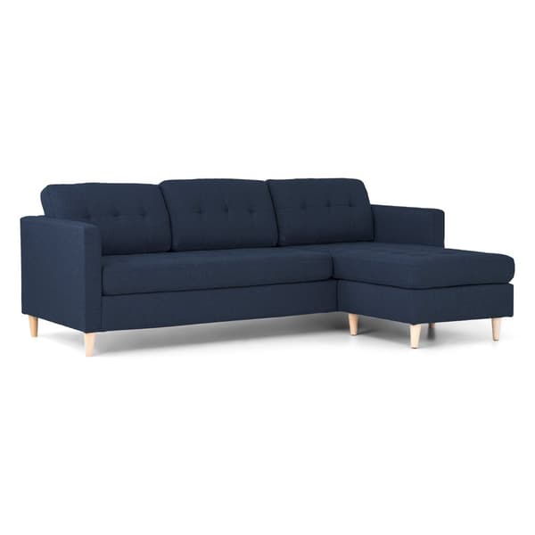 Marino sofa, sjeselongsofa høyre eller venstrevent i stoff blå og med treben.