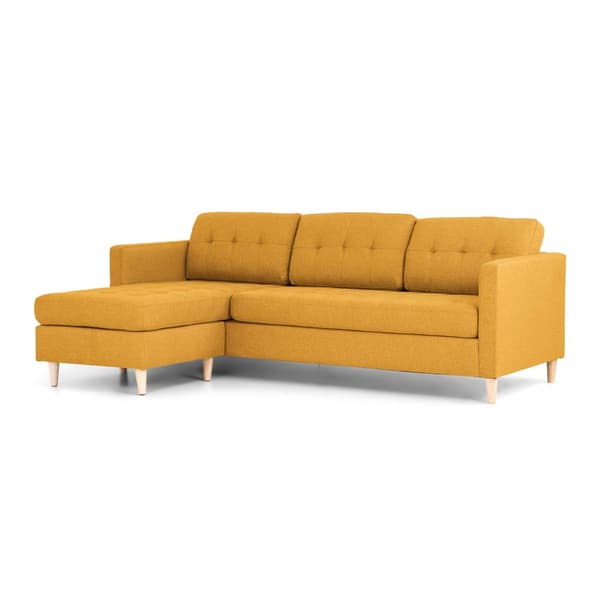 Marino sofa, sjeselongsofa høyre eller venstrevent i stoff karri gul og med treben.