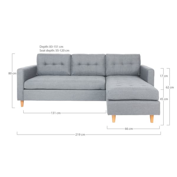 Marino sofa, sjeselongsofa høyre eller venstrevent i stoff karri gul og med treben.