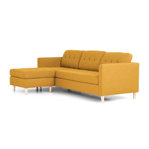 Marino sofa, sjeselongsofa høyre eller venstrevent i stoff karri gul og med treben.