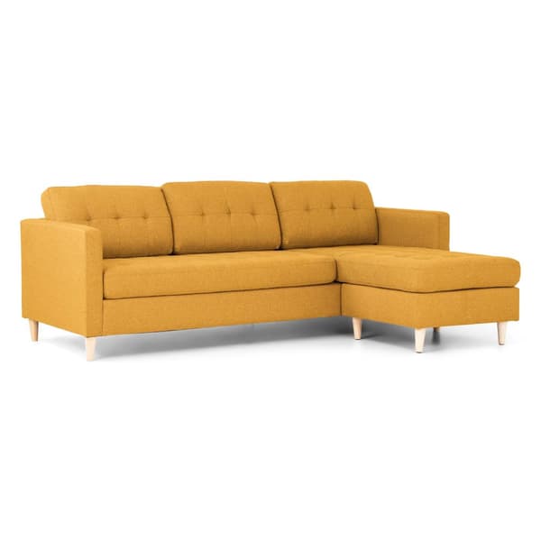 Marino sofa, sjeselongsofa høyre eller venstrevent i stoff karri gul og med treben.