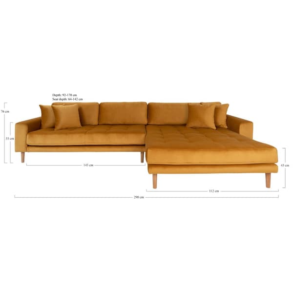 Lido sofa , sjeselongsofa høyrevent velur senneps gul.