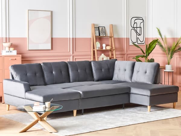 4-sits Hörnsoffa Grå Sammetsklädsel Förvaring Schäslong U-formad Modern Design