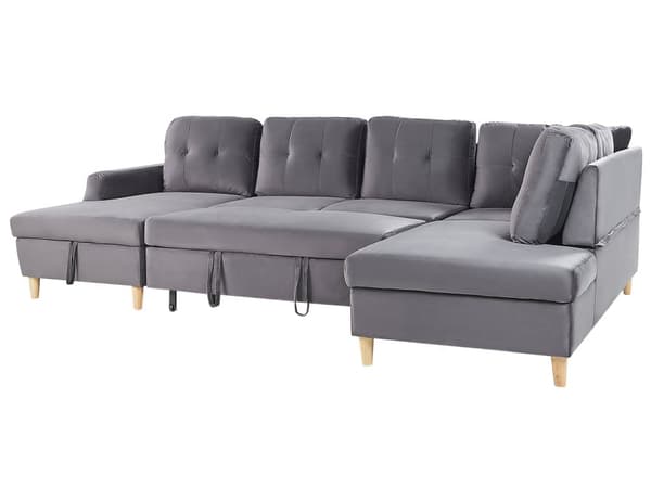 4-sits Hörnsoffa Grå Sammetsklädsel Förvaring Schäslong U-formad Modern Design