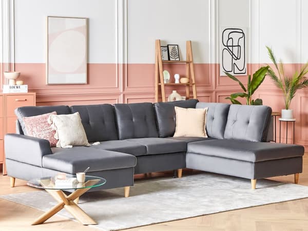 4-sits Hörnsoffa Grå Sammetsklädsel Förvaring Schäslong U-formad Modern Design