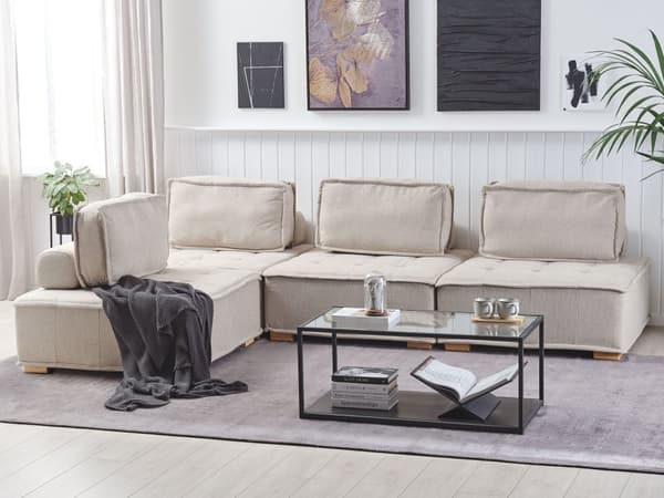 Kulmasohva beige polyesterikangasta 300 x 200 cm neljälle L-muotoinen moduulisohva moderni tyyli