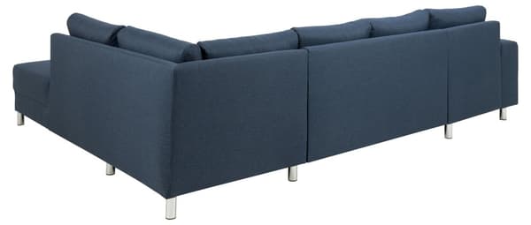 Calverton hjørnesofa med chaiselong venstrevendt i mørkeblå stof og med chrome ben.