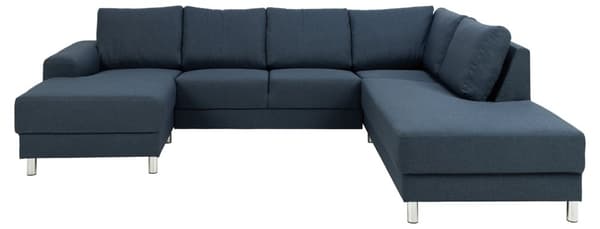 Calverton hjørnesofa med chaiselong venstrevendt i mørkeblå stof og med chrome ben.