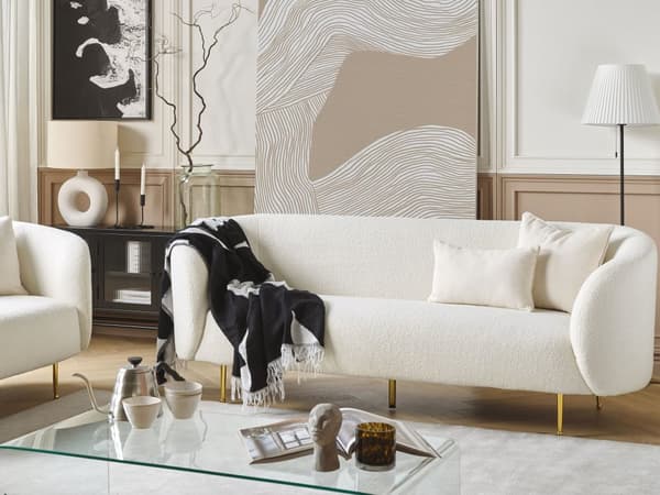 Soffa Vit Boucle Tyg 3-sits Mjuk Nubby Guld Ben Retro Glam Art Decor Style