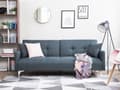 Miniatyrbilde 2 av 11: Sovesofa Mørkeblå Stoff 3-seter Metallben Dekorative knapper Avtakbare putetrekk Justerbar ryggstøtte Sofa med sovefunksjon Moderne design