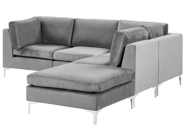 Hjørnesofa Grå Fløyel 4-seter Modulær Venstrevendt L-form Fotskammel Sølv metallben Glamorøs Moderne