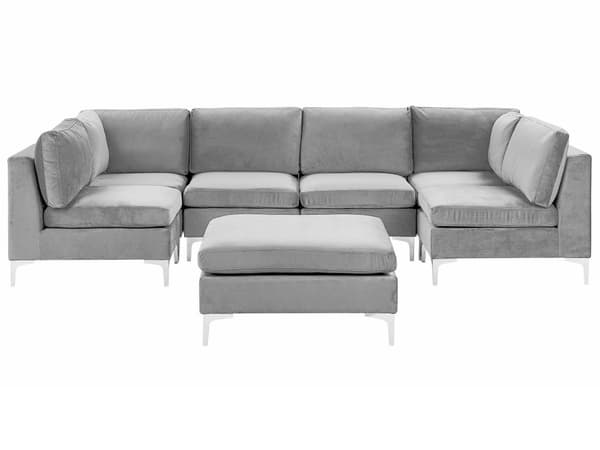 Sofa Fløyel Grå 6-seter U-form Modulær Med ottoman Glamorøs Moderne Innredning Stue