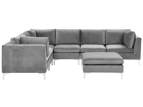 Hjørnesofa Grå Fløyel 6-seter Modulær Venstrevendt L-form Med ottoman Glamorøs Moderne