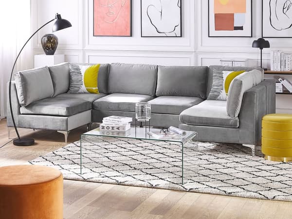 Sofa Fløyel Grå 6-seter U-form Modulær Glamorøs Moderne Innredning Stue