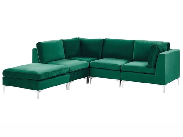 Hjørnesofa Grønn Fløyel 4-seter Modulær Høyrevendt L-form Fotskammel Sølv metallben Glamorøs Moderne