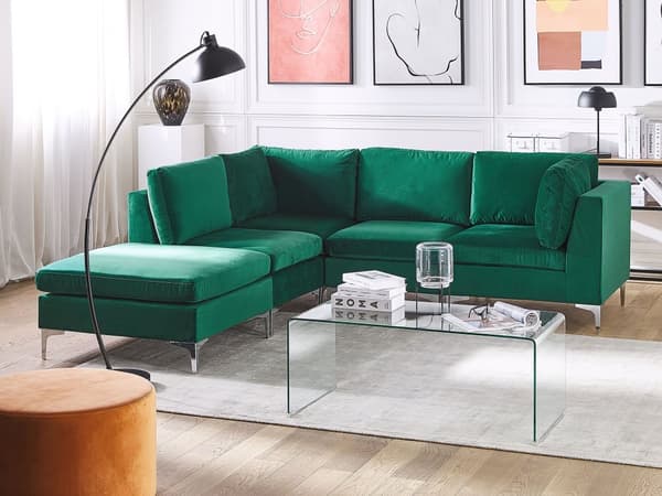 Hjørnesofa Grønn Fløyel 4-seter Modulær Høyrevendt L-form Fotskammel Sølv metallben Glamorøs Moderne