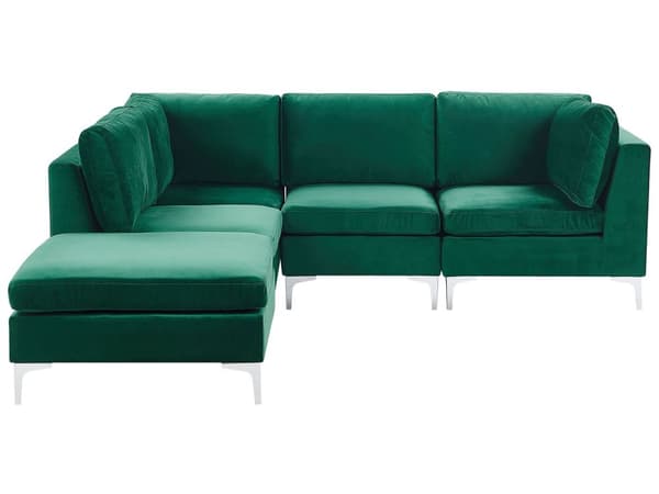 Hjørnesofa Grønn Fløyel 4-seter Modulær Høyrevendt L-form Fotskammel Sølv metallben Glamorøs Moderne