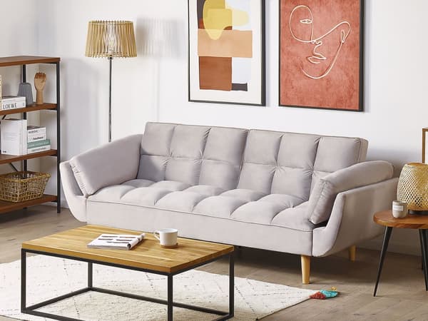 Sovesofa Grå Fløyelsstoff 3-seters Treben Skumfyll Splittrygg Polstring