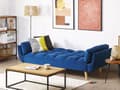 Miniatyrbilde 4 av 11: Sovesofa Blå Fløyelsstoff 3-seters Treben Skumfyll Splittrygg Polstring