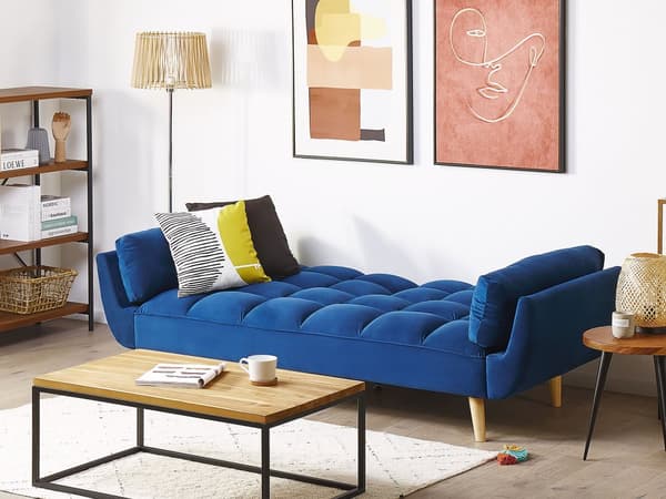 Sovesofa Blå Fløyelsstoff 3-seters Treben Skumfyll Splittrygg Polstring