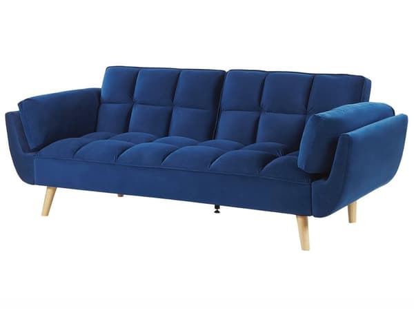 Sovesofa Blå Fløyelsstoff 3-seters Treben Skumfyll Splittrygg Polstring