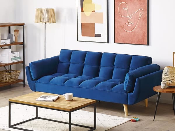 Sovesofa Blå Fløyelsstoff 3-seters Treben Skumfyll Splittrygg Polstring