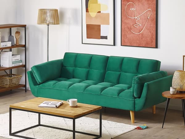Sovesofa Grønn Fløyelsstoff 3-seters Treben Skumfyll Splittrygg Polstring