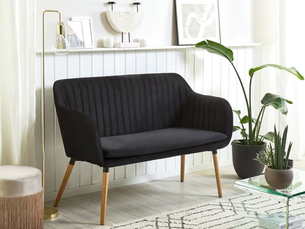 Kjøkkensofa Svart Fløyelsstoff med trekk 2-seter Metallramme Ben i Lyst Tre Ben Benk