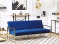 Miniatyrbilde 2 av 11: Sovesofa Blå fløyel med tuftet møbelstoff 3-seter Gull metallramme med armlener Retrostil