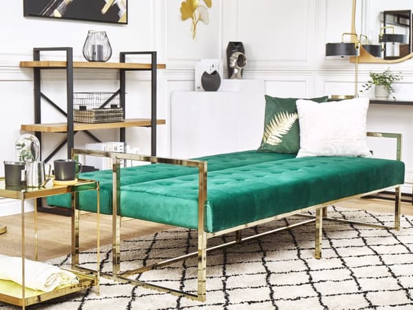 Sovesofa Grønn fløyel med tuftet møbeltrekk 3-seters gullfarget metallramme med armlener Retrostil