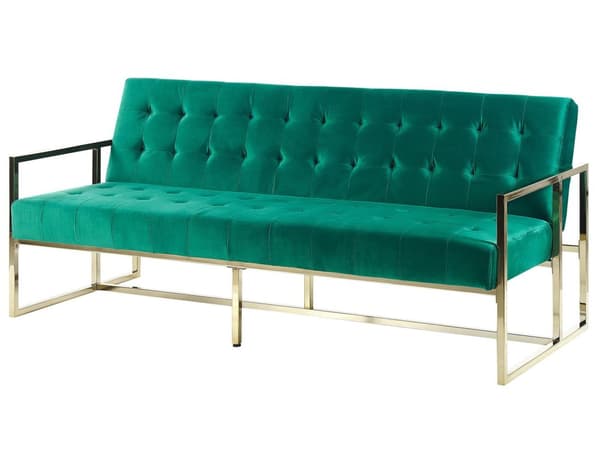 Sovesofa Grønn fløyel med tuftet møbeltrekk 3-seters gullfarget metallramme med armlener Retrostil