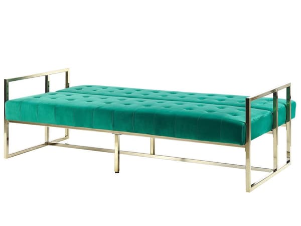 Sovesofa Grønn fløyel med tuftet møbeltrekk 3-seters gullfarget metallramme med armlener Retrostil
