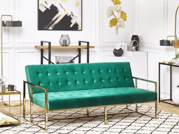 Sovesofa Grønn fløyel med tuftet møbeltrekk 3-seters gullfarget metallramme med armlener Retrostil