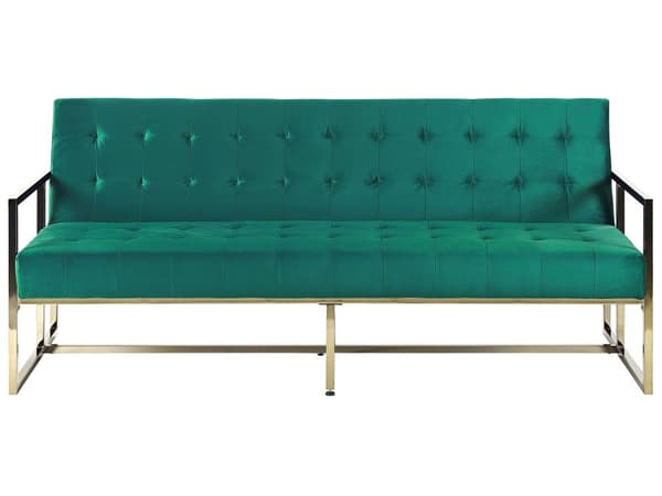 Sovesofa Grønn fløyel med tuftet møbeltrekk 3-seters gullfarget metallramme med armlener Retrostil