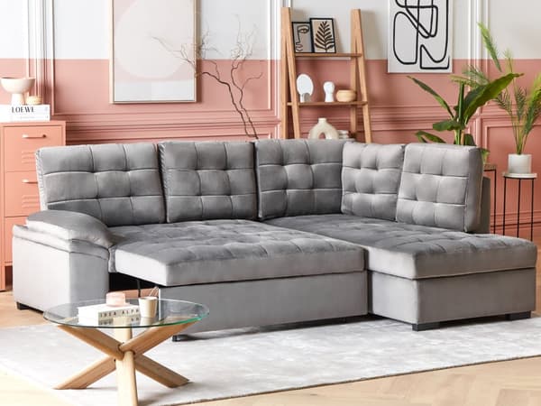 Hjørnesofa Grå Fløyel med Tuftet Møbelstoff Venstrevendt Sovesofa med Oppbevaring