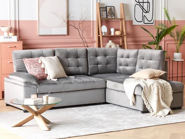 Hjørnesofa Grå Fløyel med Tuftet Møbelstoff Venstrevendt Sovesofa med Oppbevaring