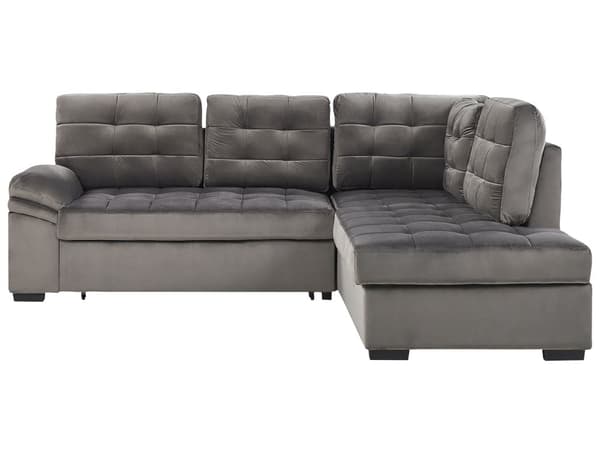 Hjørnesofa Grå Fløyel med Tuftet Møbelstoff Venstrevendt Sovesofa med Oppbevaring