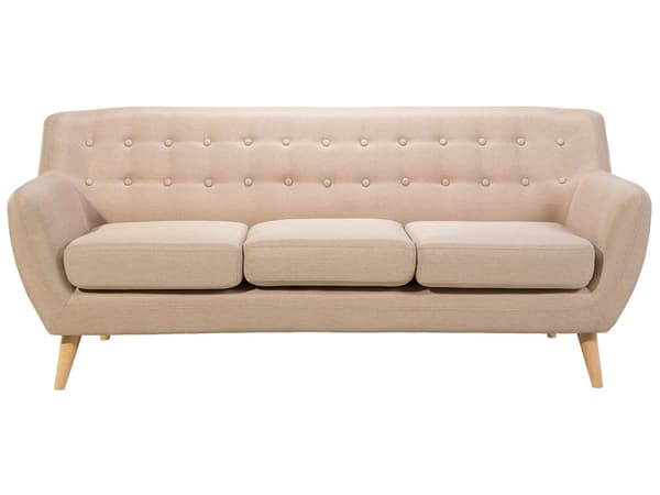 3-seters sofa Beige polstret med tuftet rygg Tykt polstret med ben i lyst tre Skandinavisk minimalistisk stue